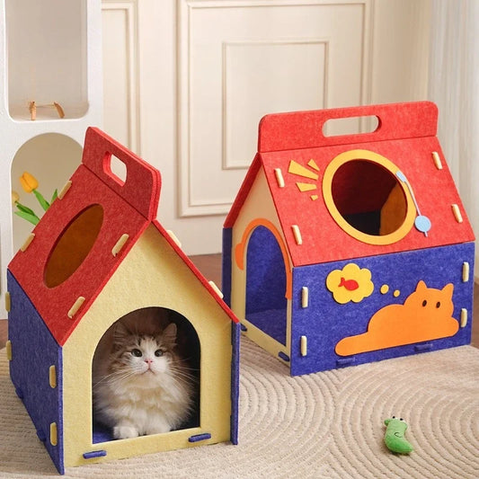 Cozy Cute Detachable Felt Cat Bed Condo Shelter House for Indoor Use Easy To Assemble Durable and Warm Funnest cats dog house | Purrfect Pet Kingdom