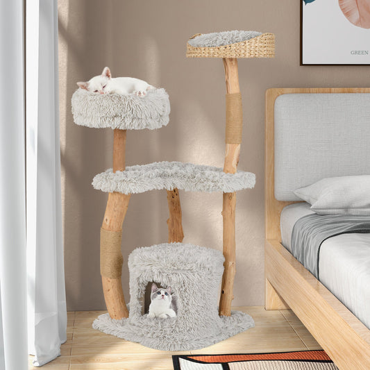 Solid Wood Cat Tower with Top Cattail Basket Cat Bed | Purrfect Pet Kingdom