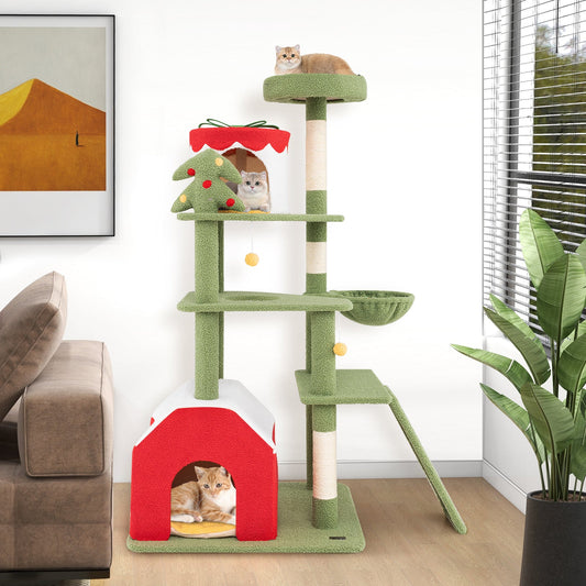 61 Inches Cute Christmas Cat Tree with Sisal Scratching Posts and 2 Condos-Green | Purrfect Pet Kingdom