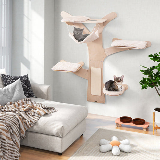 Wall-Mounted Cat Tower with Hammock Platforms and Sisal Scratching Mat-Natural - Majestic Pet Kingdom