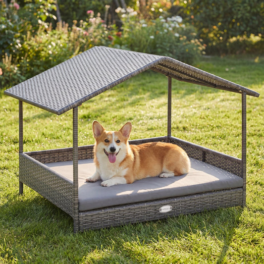 Wicker Dog House Elevated PE Rattan Dog Bed with Canopy | Purrfect Pet Kingdom