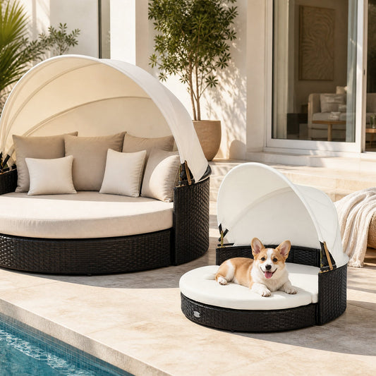 Wicker Dog House with Retractable Canopy & Cushion | Purrfect Pet Kingdom