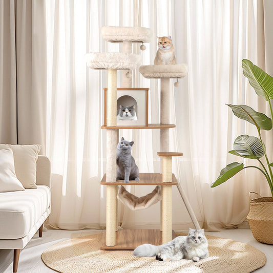 68 Inch Tall Cat Tree with 3 Padded Perches Condo and Sisal Scratching Posts-Natural - Majestic Pet Kingdom