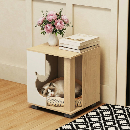 Wooden Semi-enclosed Cat Condo with Kitty Head-shaped Entry and Metal Legs-Natural | Purrfect Pet Kingdom