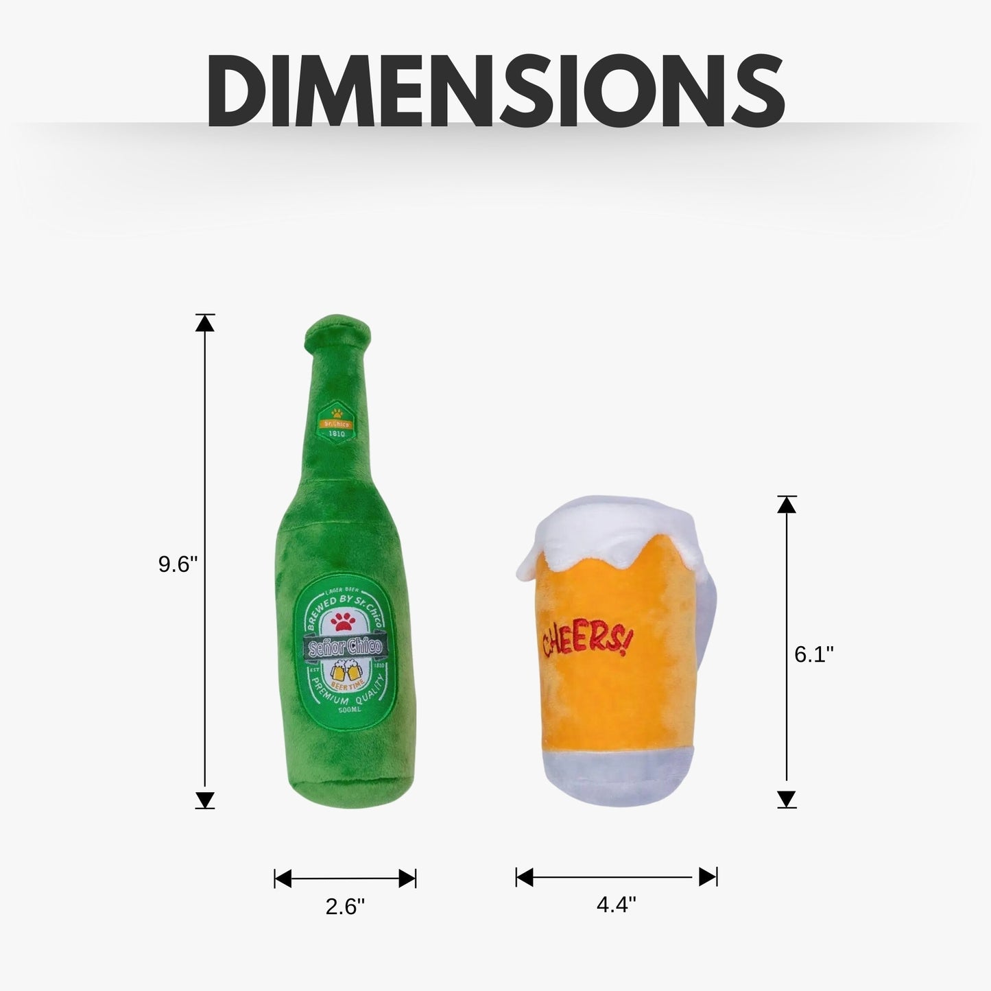 Dog Plush Toy Set Beers Cheers Squeaker Crinkle Paper 2-Pack - Detail Angle 4 | Majestic Pet Kingdom