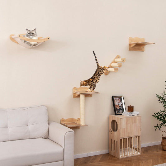 Cat Wall Furniture Set of 4 with Hammock 2-step Cat Tree and Perch-Natural | Purrfect Pet Kingdom