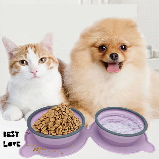 Dog Bowls Foldable Silicone Double Travel Slow Feeder Dishes - Main Feature View | Majestic Pet Kingdom