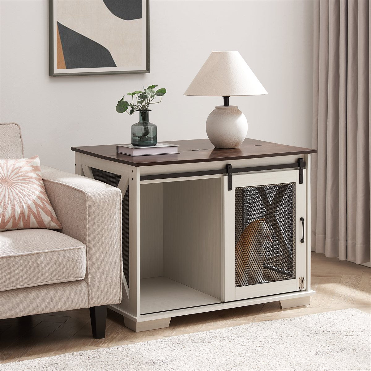 Dog Crate Furniture Farmhouse Sliding Barn Door Kennel End Table - Detail Angle 7 | Majestic Pet Kingdom