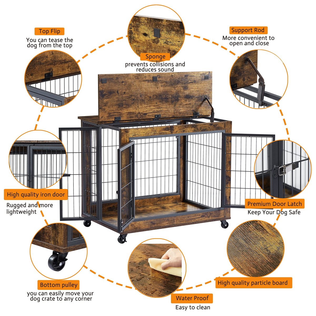 Dog Crate Furniture 31.5in Rolling End Table Lift-Top Brown - Detail Angle 7 | Majestic Pet Kingdom