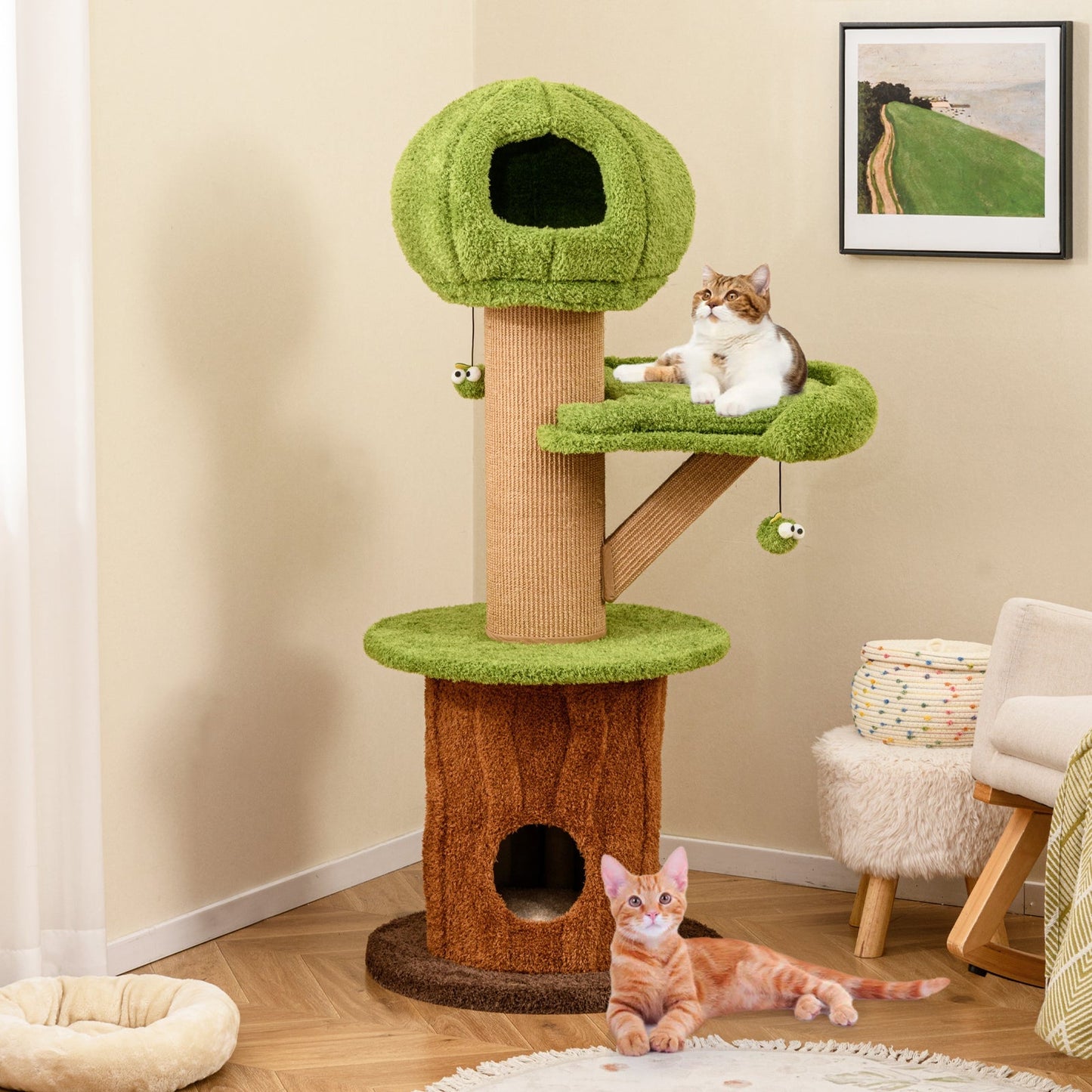 Cat Tree Mushroom Multi-Level Tower 2 Condos Plush Perch Gre