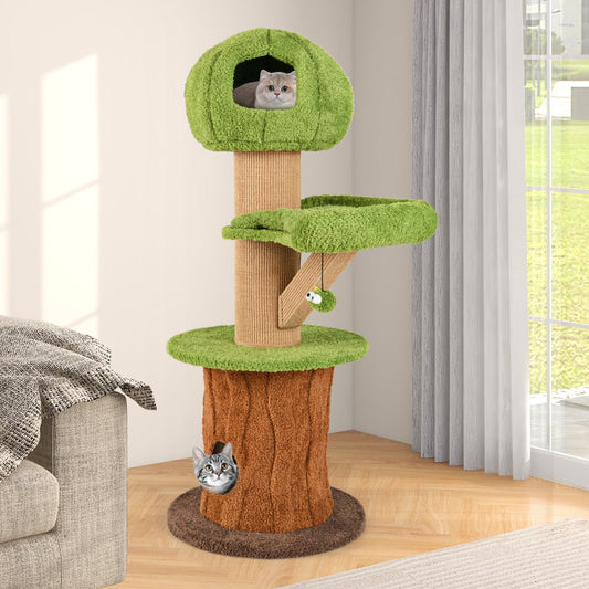 Mushroom Cat Tree for Indoor Cats with 2 Cute Condos Plush Perch and Teasing Balls-Green | Purrfect Pet Kingdom