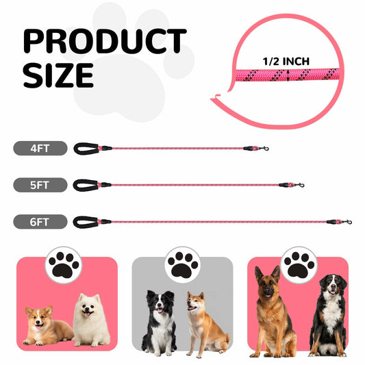 YALAVA Dog Leash 5FT Heavy Duty Reflective Nylon Rope Pink Padded Handle - Detail Angle 2 | Majestic Pet Kingdom