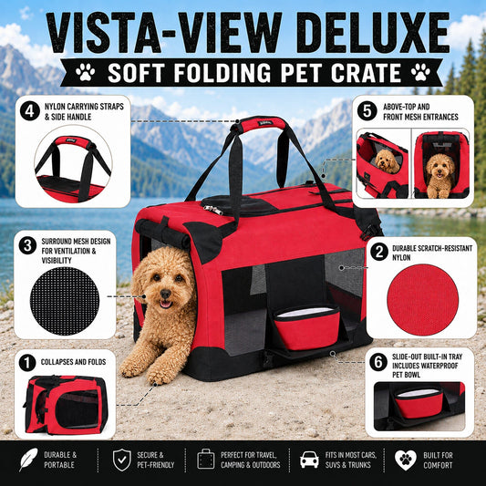 Pet Life ® 'Deluxe 360° Vista View' Zippered Soft Folding Collapsible Metal Framed Pet Dog Crate House Carrier w/ Removable Bowl and Pop-out Tray - Detail Angle 2 | Majestic Pet Kingdom