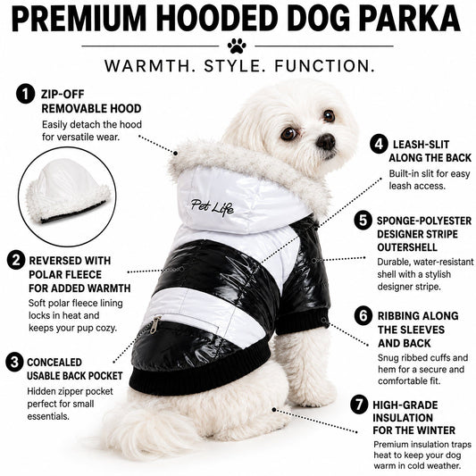 Pet Life ® Fashion Striped 3M Insulated Ultra-Plush Pet Dog Parka Coat w/ Removable Hood - Detail Angle 2 | Majestic Pet Kingdom