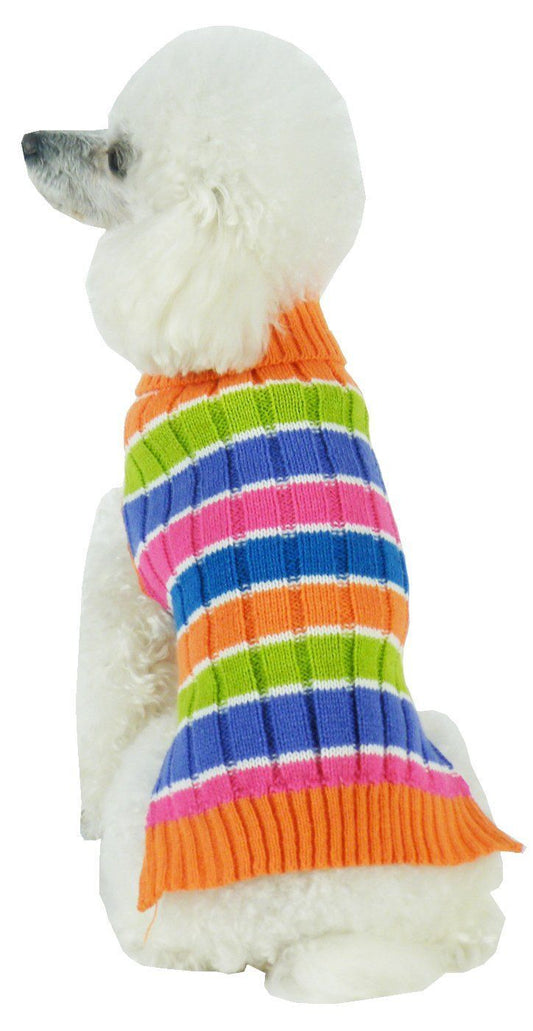 Pet Life ® 'Tutti-Beauty' Rainbow Heavy Cable Knitted Ribbed Designer Turtle Neck Dog Sweater - Detail Angle 2 | Majestic Pet Kingdom