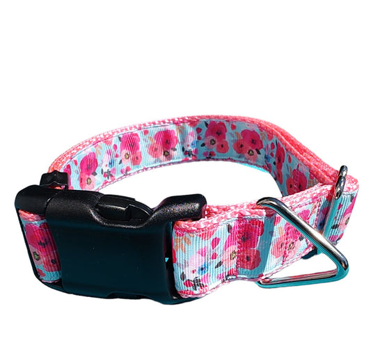 Dog Collar Pink Floral Blossoms Garden Botanical Heavy Duty Nylon