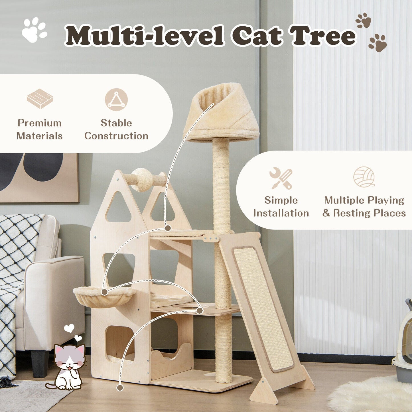Multi-Level Cat Tree with Sisal Scratching Post-Beige - Majestic Pet Kingdom