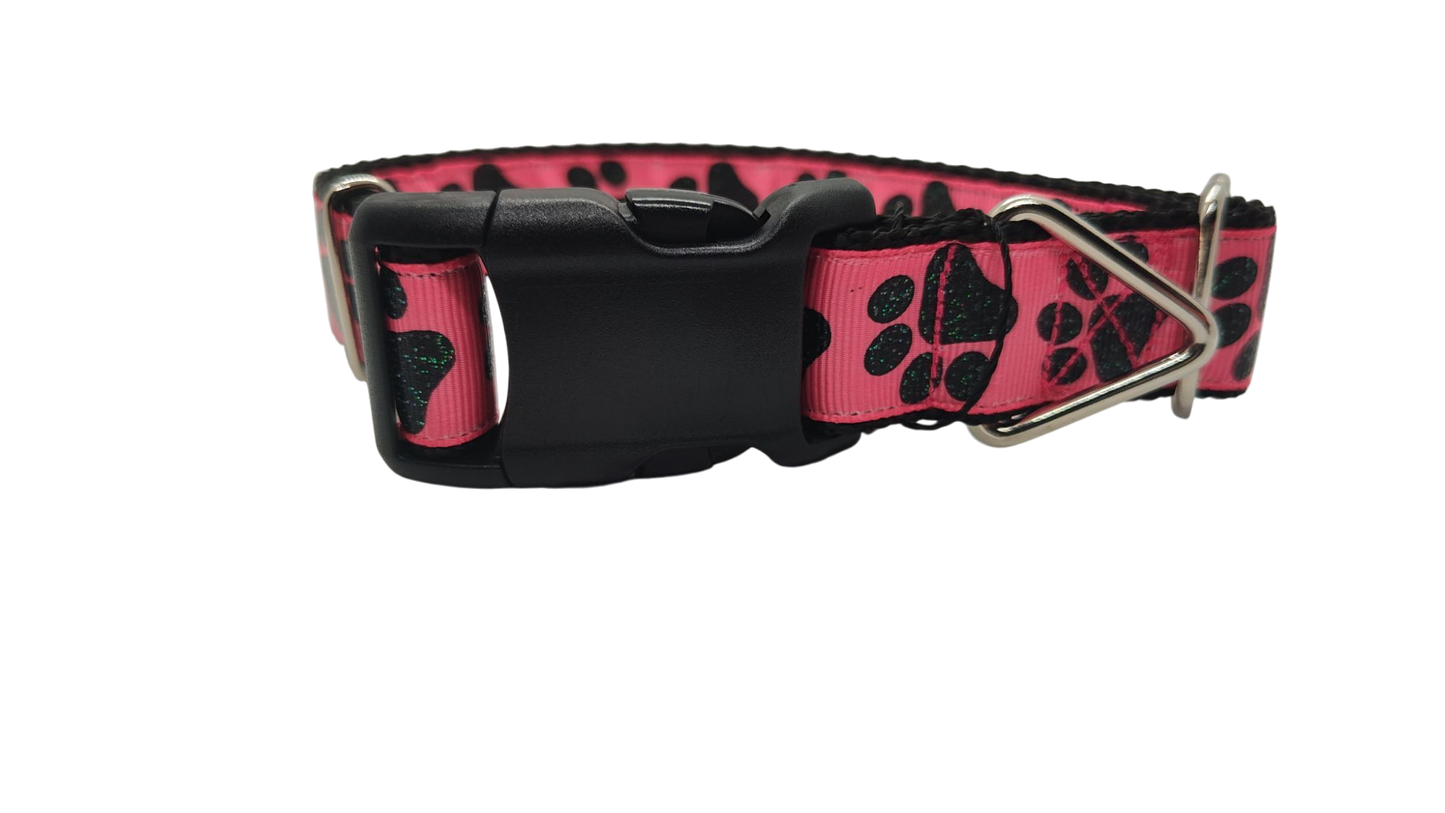 Black Glitter Paws On Pink Nylon Dog Collar | Purrfect Pet Kingdom