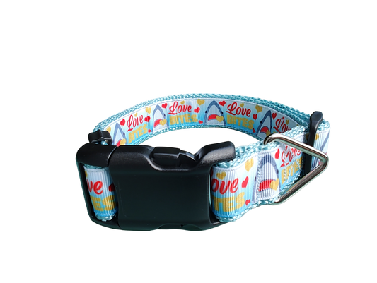 Love Bite Sharks Lt Blue Nylon Dog Collar MD, LG, XL, Leash | Purrfect Pet Kingdom