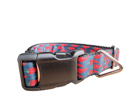 Spicy Red Pepper Black Nylon Dog Collar MD, LG, XL, Leash | Purrfect Pet Kingdom