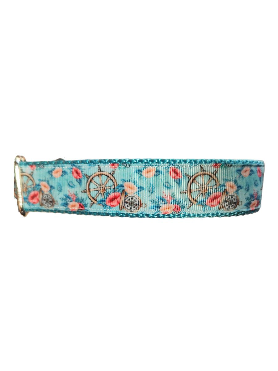 Dog Collar Ship Wheels and Compass Nautical Print Nylon Band - Main Feature View | Majestic Pet Kingdom