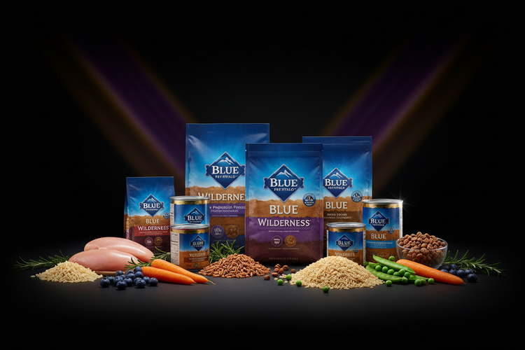 Blue Buffalo premium dog and cat food collection — dry kibble, wet food, and treats with real chicken, blueberries, and wholesome ingredients on black background