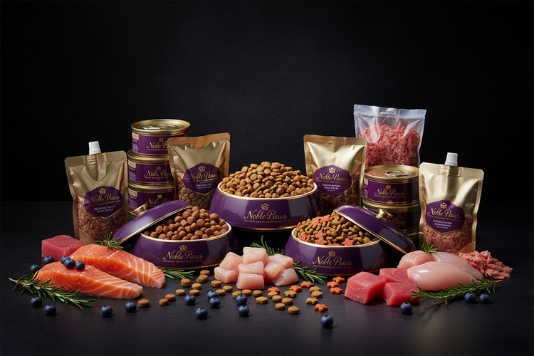 Noble Paws premium cat food — dry kibble, wet food pouches, and canned food in purple and gold bowls with fresh salmon, chicken, and blueberries on black background