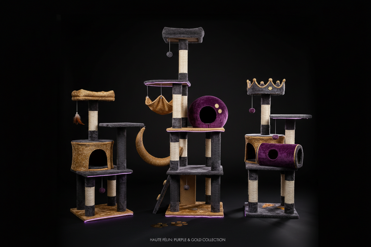 Premium cat trees and towers — multi-level cat tree with sisal scratching posts, cozy condos, and hammock perches in purple, gold, and charcoal on black background