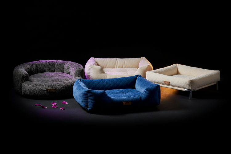 Noble Paws premium dog beds — charcoal sherpa round bed, blue quilted bolster sofa bed, and cream elevated orthopedic bed with rose petals on black background