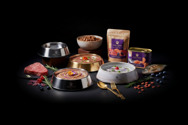 Noble Paws premium dog bowls collection — purple and gold stainless steel bowls with Noble Paws food pouches, canned food, fresh beef, fish, blueberries, and rosemary on black background