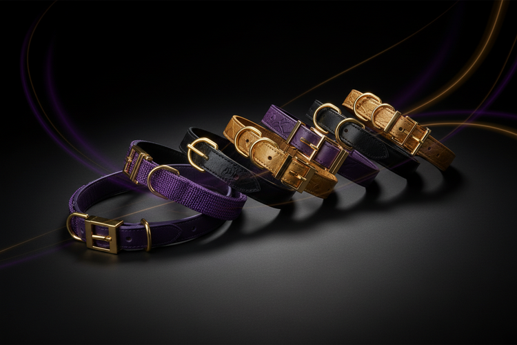 Premium dog collars — flat nylon, leather, and martingale styles in purple, gold, and black with gold buckles on black background
