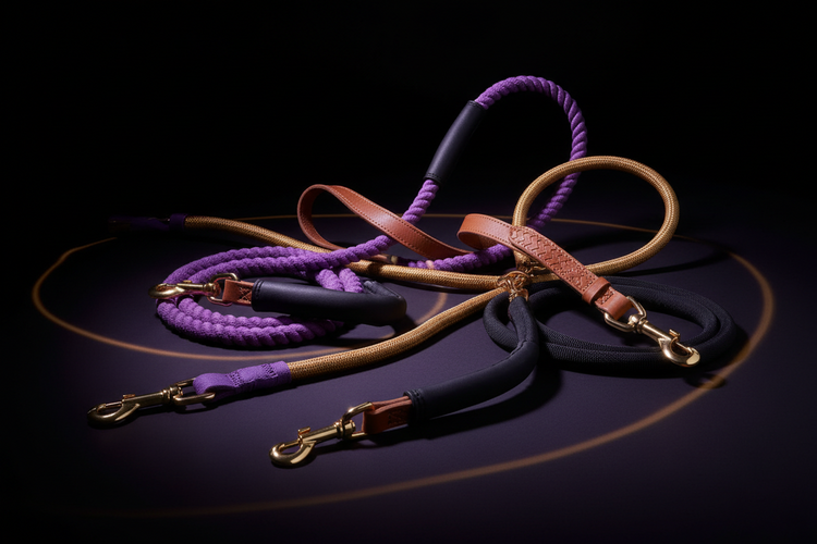Premium dog leashes — standard nylon, leather, and rope leashes in purple, gold, and black with padded handles and gold hardware on black background
