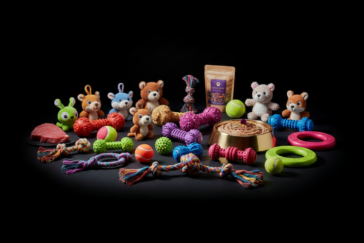 Noble Paws premium dog toys collection — plush animals, rubber chews, rope toys, tennis balls, and interactive toys with Noble Paws treat bag and gold food bowl on black background