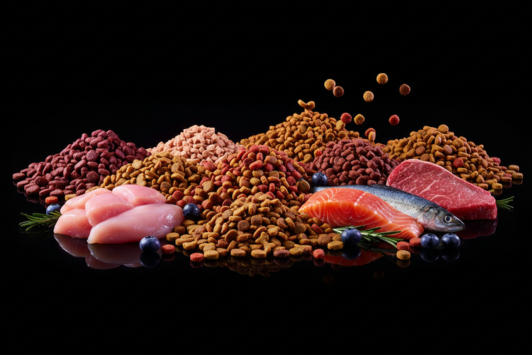 Premium dry cat food kibble varieties with real chicken, salmon, and beef protein sources on black background
