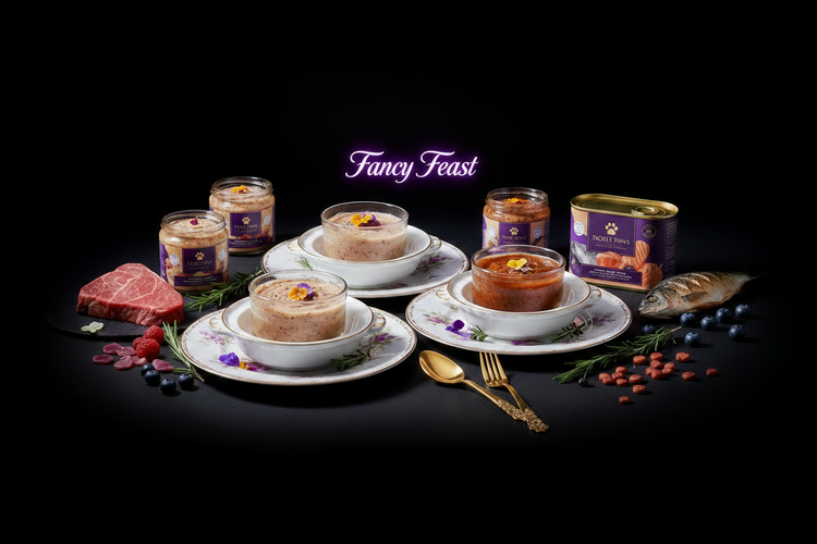 Fancy Feast gourmet wet cat food — elegant entrées served in fine china with fresh beef, fish, and blueberries on black background