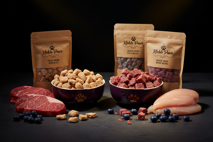 Noble Paws premium freeze dried dog treats — freeze dried meat bites and raw nuggets in purple and gold bowls with Noble Paws pouches on black background
