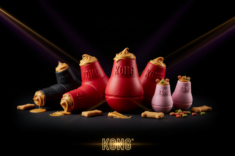 KONG dog toys — classic red, extreme black, and puppy pink rubber toys stuffed with peanut butter and treats with dog biscuits on black background