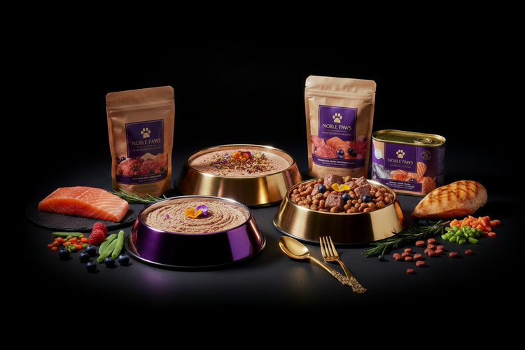 Wellness Core natural grain-free pet food — premium formulas with salmon, chicken, and fresh vegetables in purple and gold bowls on black background