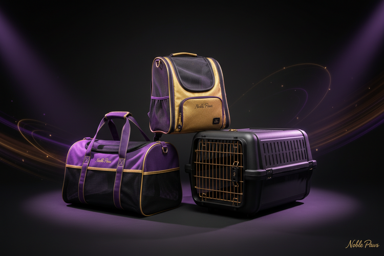 Noble Paws premium pet carriers — soft-sided duffel bag in purple and black, backpack carrier in gold and purple, and hard-shell crate in black with gold hardware on dark background