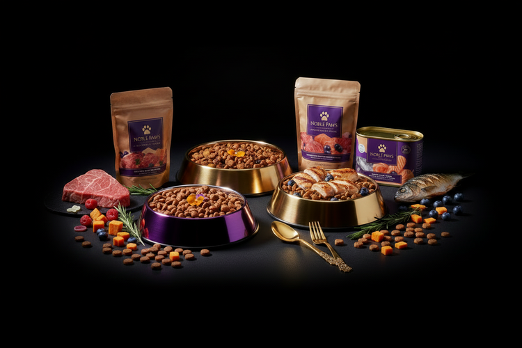 Premium dry dog food kibble varieties with real chicken, salmon, and beef protein sources on black background