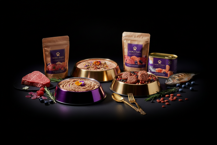 Noble Paws premium dog food collection — dry kibble, wet food pouches, and canned food in purple and gold bowls with fresh beef, salmon, blueberries, and rosemary on black background