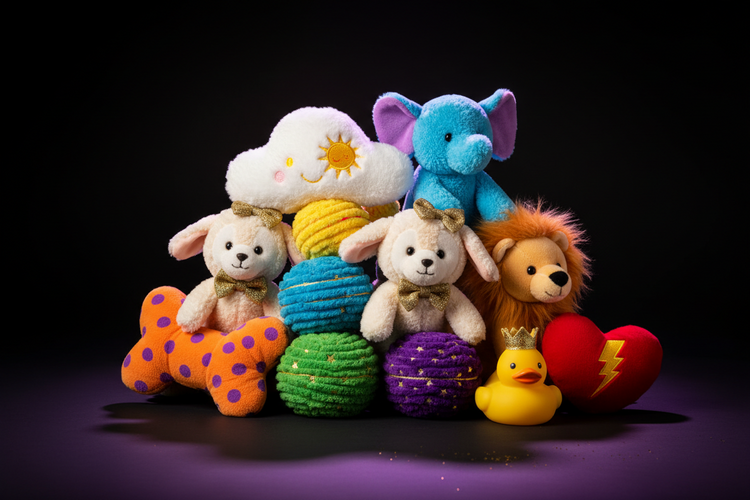 Noble Paws premium plush dog toys — soft stuffed animals and squeaky plush characters in bright colors on black background