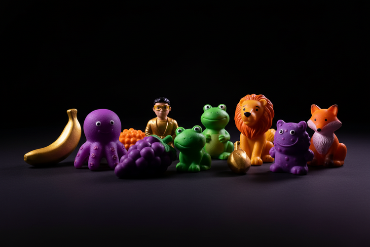 Premium squeaky dog toys — latex octopus, frog, lion, fox, and fruit characters in purple, orange, green, and gold on black background
