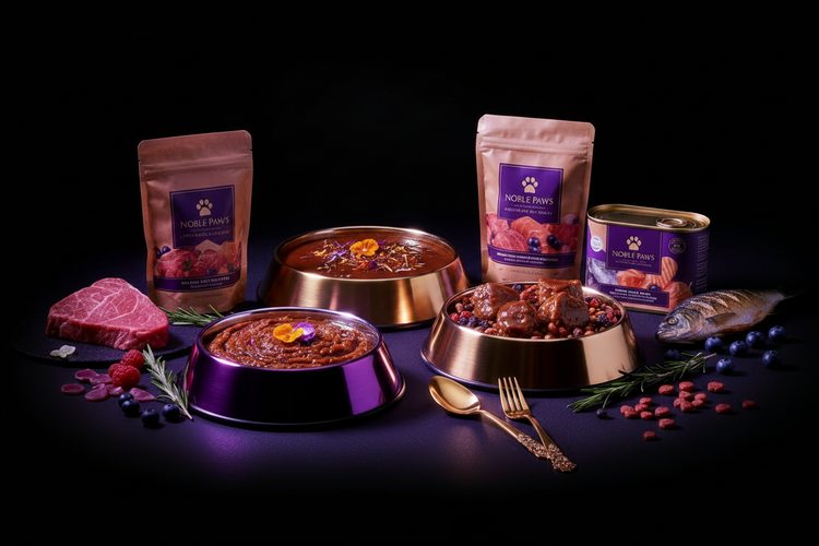 Noble Paws premium wet cat food — pâté and chunk varieties in purple and gold bowls with fresh beef, fish, blueberries, and rosemary under deep purple lighting on black background