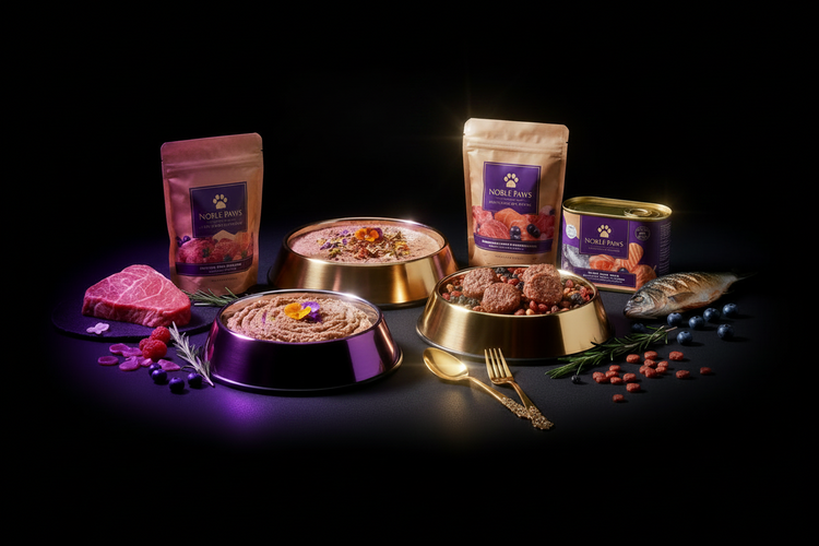 Noble Paws premium wet dog food — pâté and stew varieties in purple and gold bowls with fresh beef, fish, blueberries, and rosemary on black background