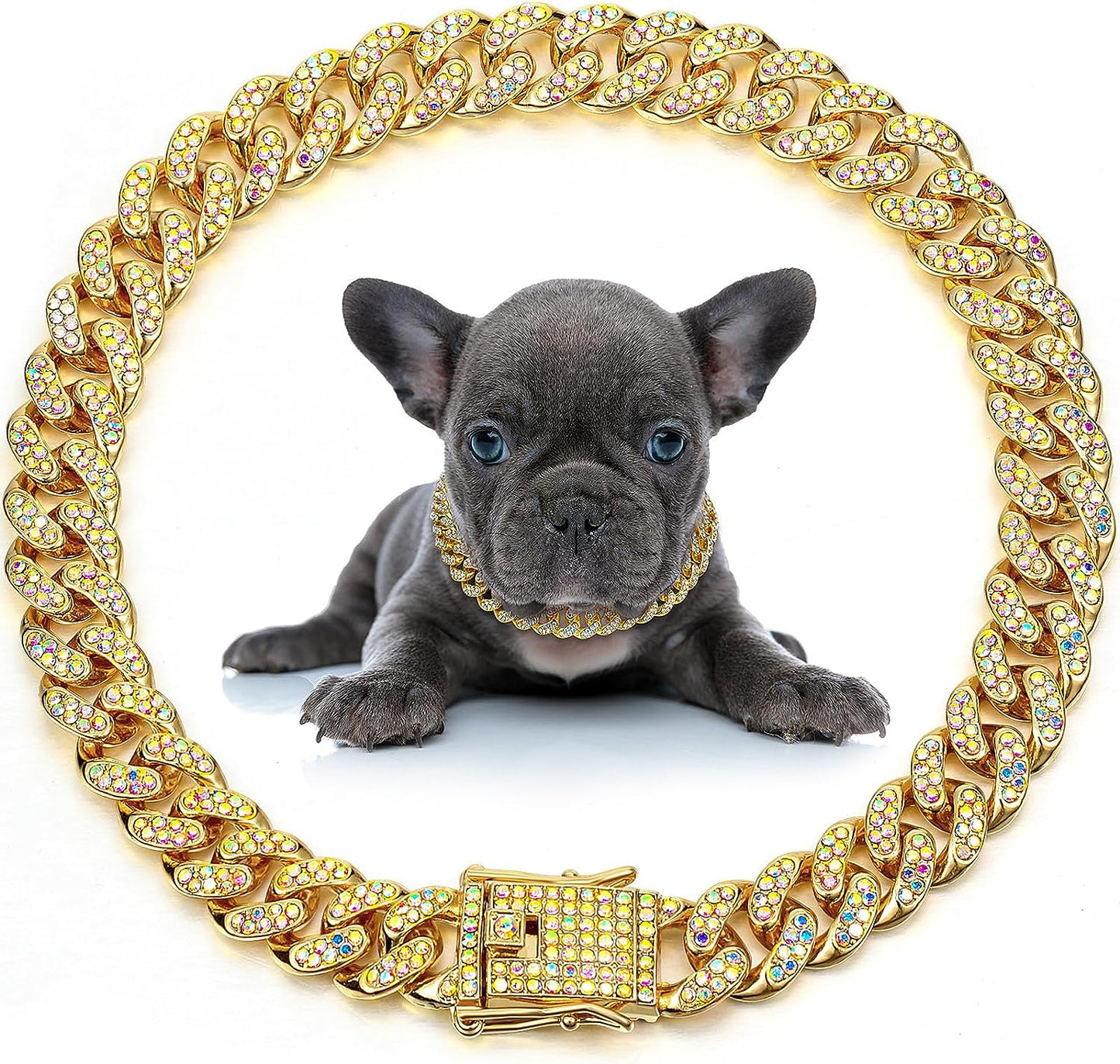 Dog Necklace Cuban Link Metal Chain Crystal Rhinestone Collar - Main Feature View | Majestic Pet Kingdom
