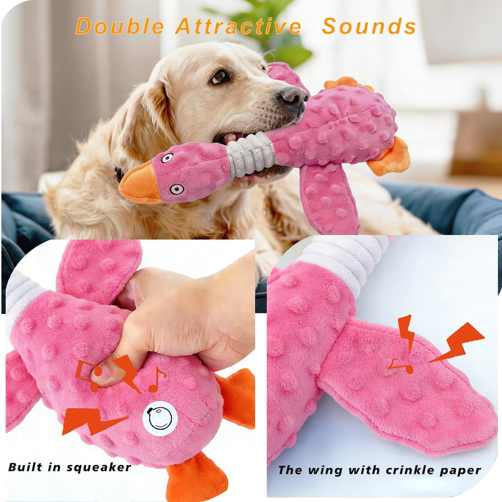Squeaky Dog Toys For Aggressive Chewers, Durable Stuffed Animal Plush Dog Toy With Soft Fabric For Large, Medium & Small Dogs, Interactive Puppy Chew Toy For Teething, Crinkle Duck Dog Toy - Pink