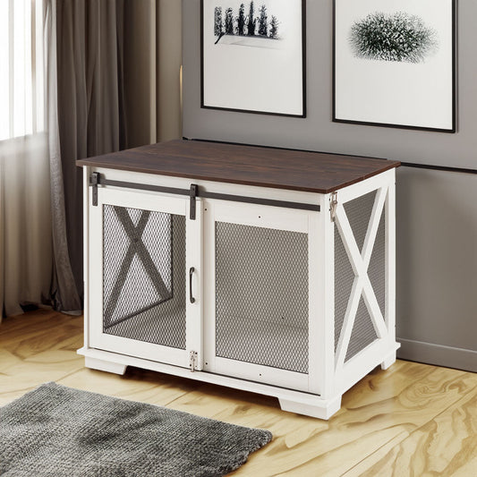 Farm kennel Flat noodles furniture with sliding barn door, farm wooden kennel end table, dog house with removable partition | Purrfect Pet Kingdom