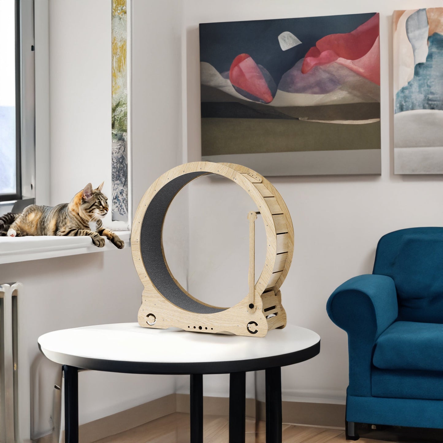 Indoor cat treadmill with carpet, tear device and latch