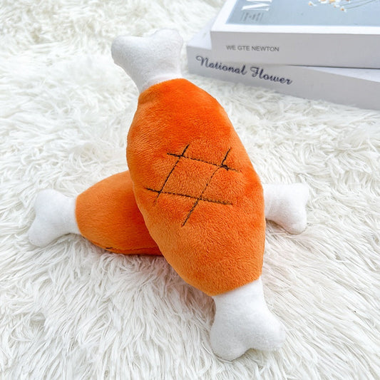 Double Bone Chicken Leg Fruit Carrot Vegetable Pet Dog Cat Plush Squeaky Durable Chew Toy Supplies - Main Feature View | Majestic Pet Kingdom